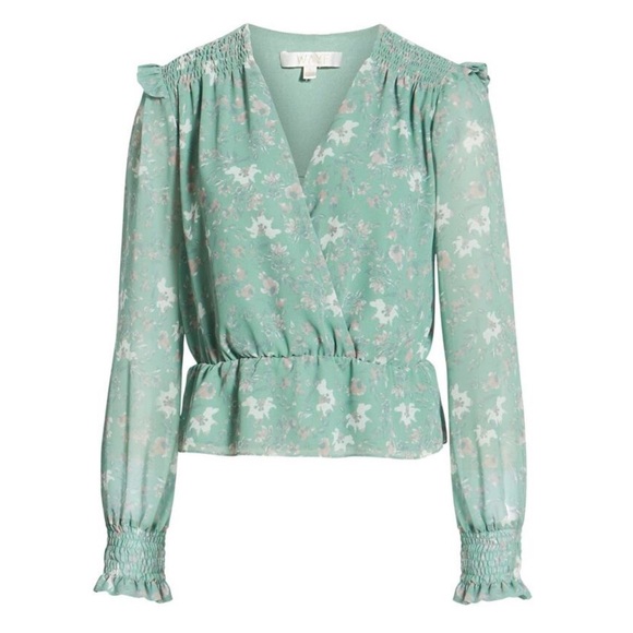 WAYF Floral Draped Chiffon Stretch Peplum Blouse Sage Green Large - Picture 1 of 14